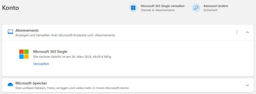 account.microsoft.com account page showing an active subsciption. Next payment 26th March 2025 for 69€