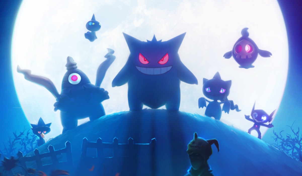 An immense full moon silhouettes several Ghost-type Pokemon, centering a menacing Gengar with glowing red eyes.