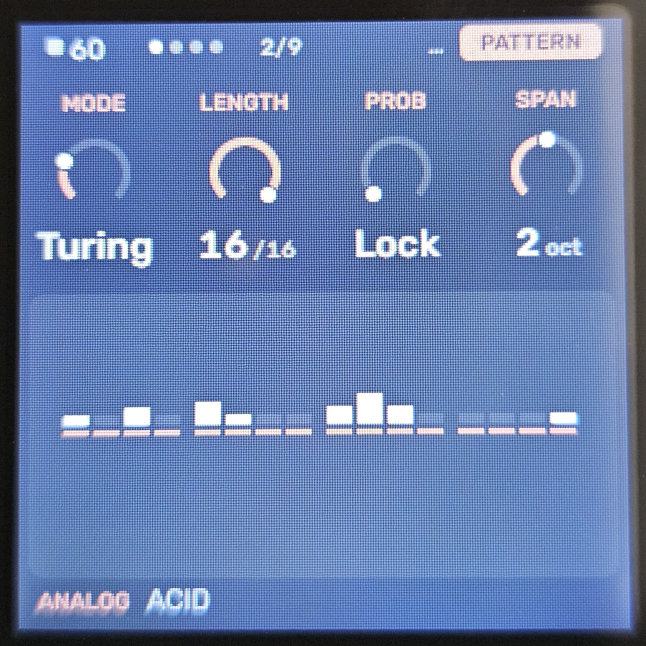 Photo of the FM-1 screen on the Pattern page with the Turing engine: mode, length 16, probability and span dials above a row of step bars