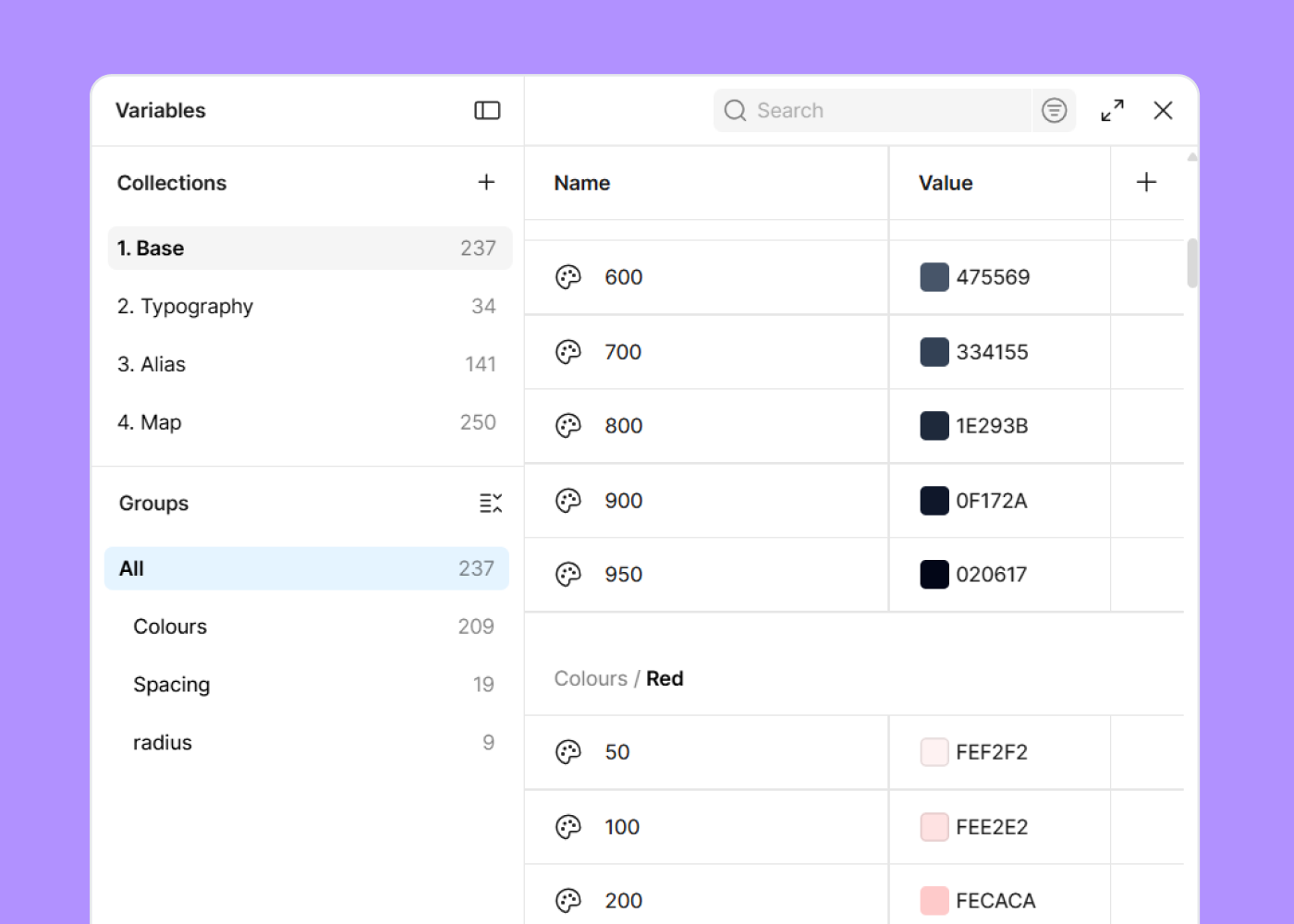 Base collection in the Figma Variables panel