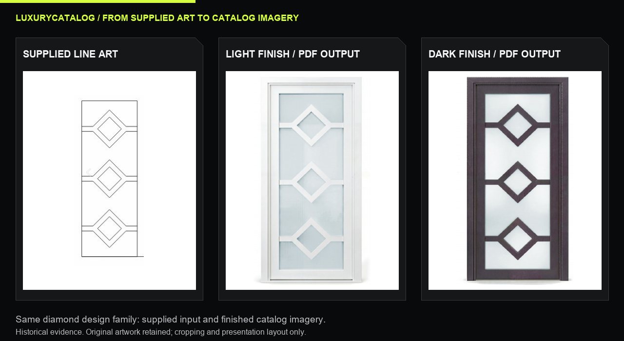 Supplied door drawing alongside light and dark rendered catalog variants