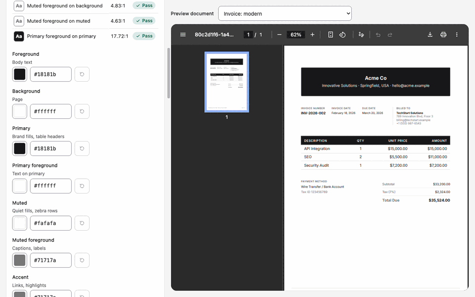 Changing the primary color in the Theme Builder updates the PDF live