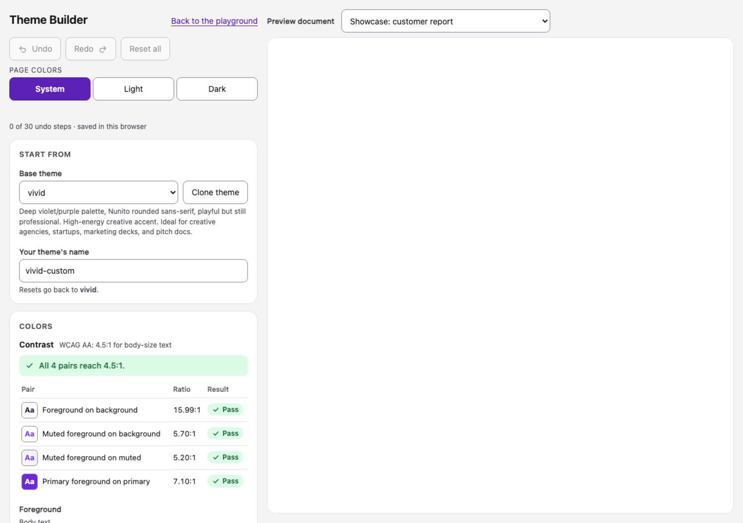 Theme Builder with live PDF and contrast feedback