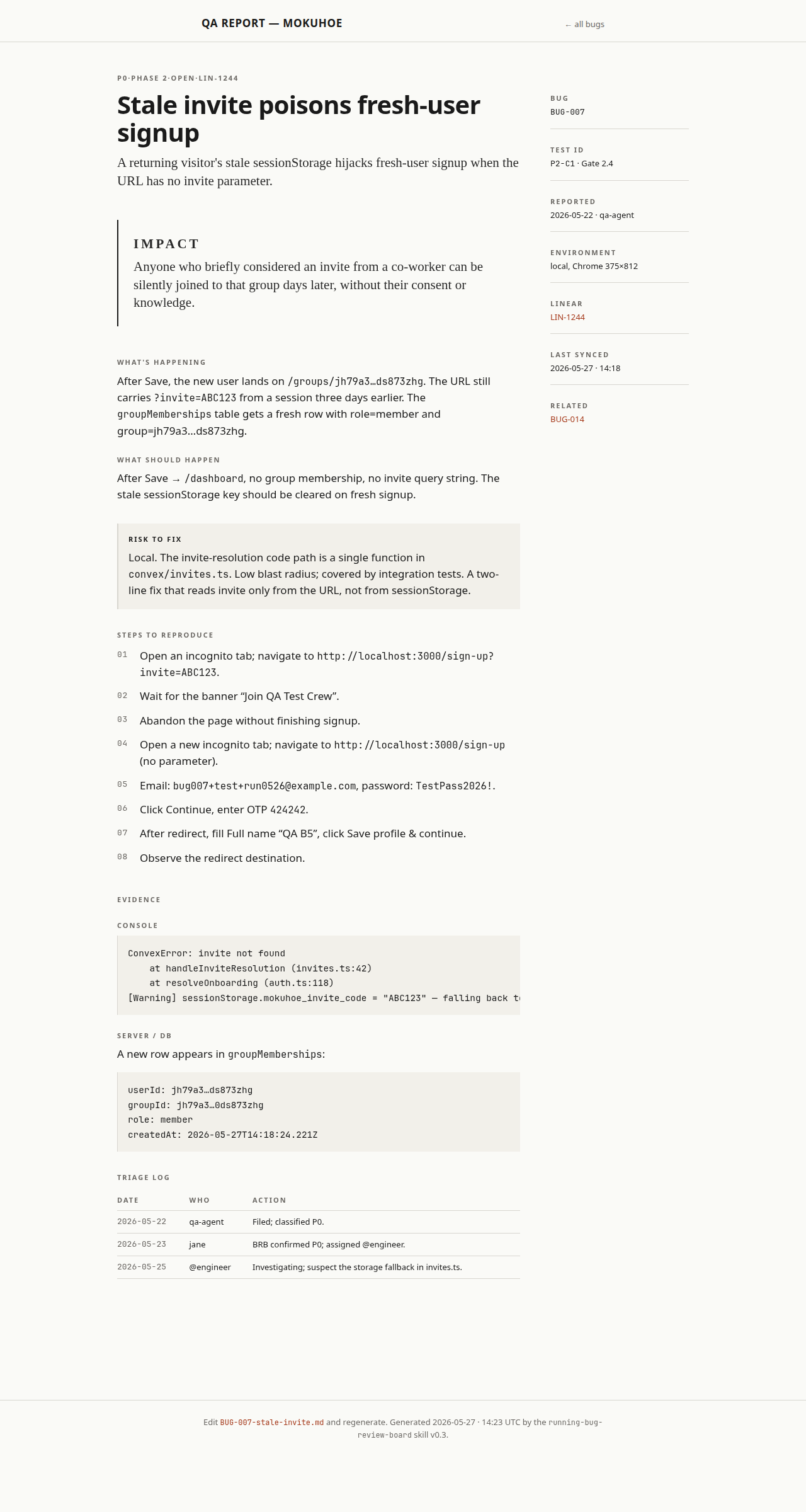 Bug detail — impact, what's happening vs expected, steps, evidence