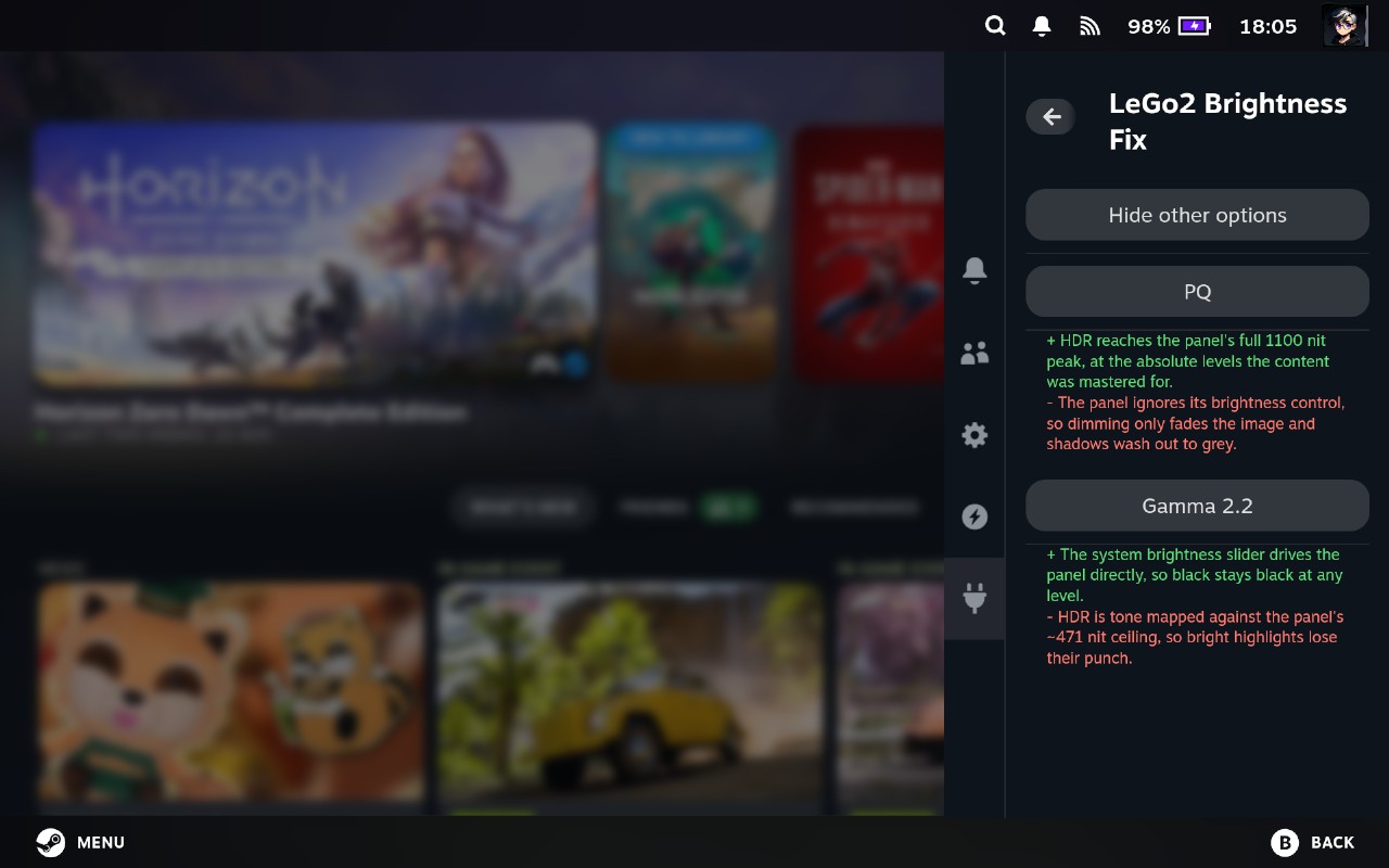 First-time setup with PQ and Gamma 2.2 alternatives expanded
