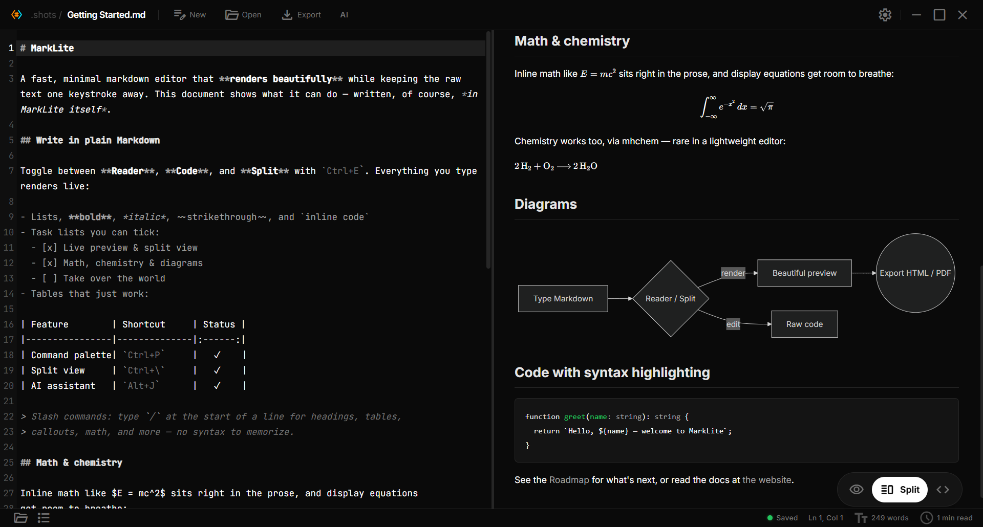 Paperling preview rendering an integral equation, a balanced chemical reaction, a Mermaid flowchart, and a syntax-highlighted code block
