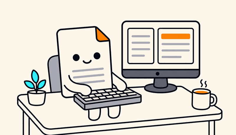 The Paperling mascot typing at a cozy desk with a split-view monitor, coffee, and a plant