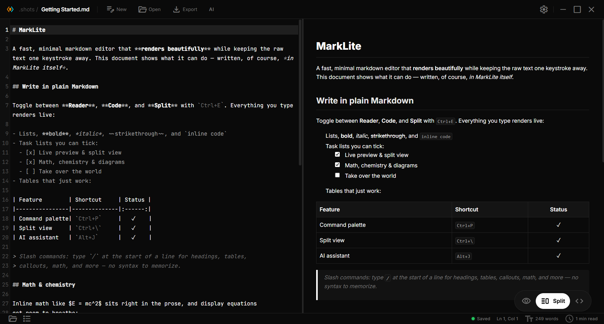 Paperling in split view — Markdown source on the left, live preview with a table, task list and callout on the right