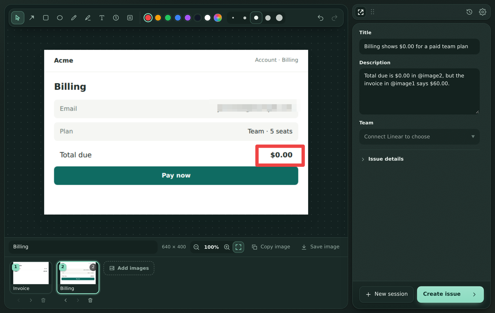 Snipflag after-hours workspace with the same annotated billing screenshot