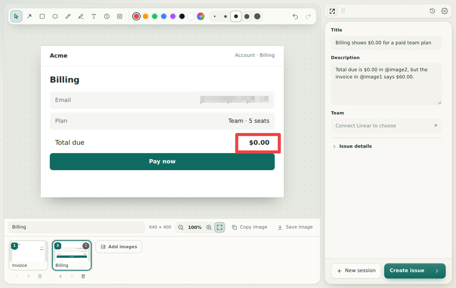 Snipflag daylight workspace: a billing screenshot with the email pixelated and the wrong total boxed, next to the issue form