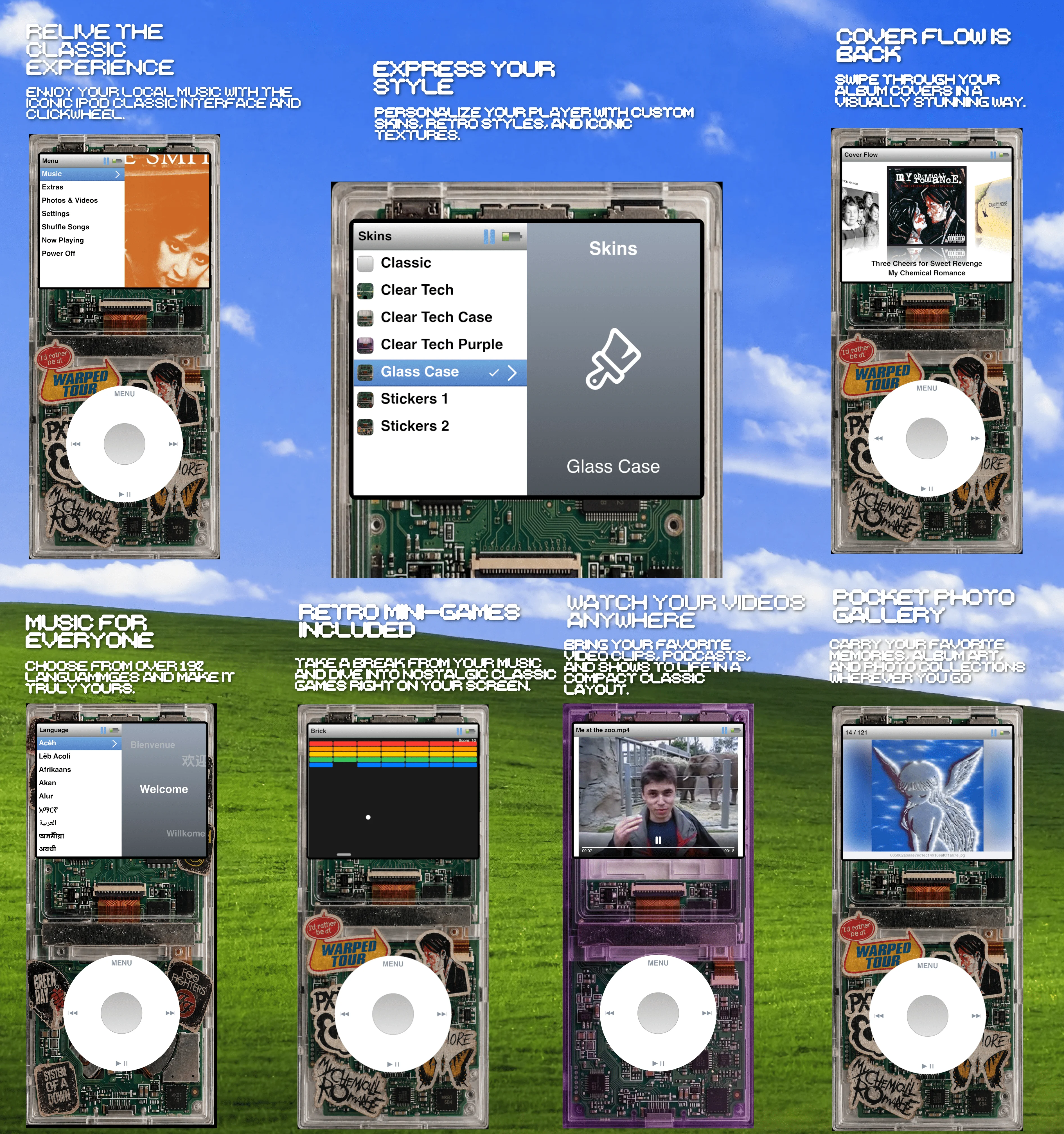 RetroPod app screenshots showing Now Playing, Menu, Minigames, and Photos screens