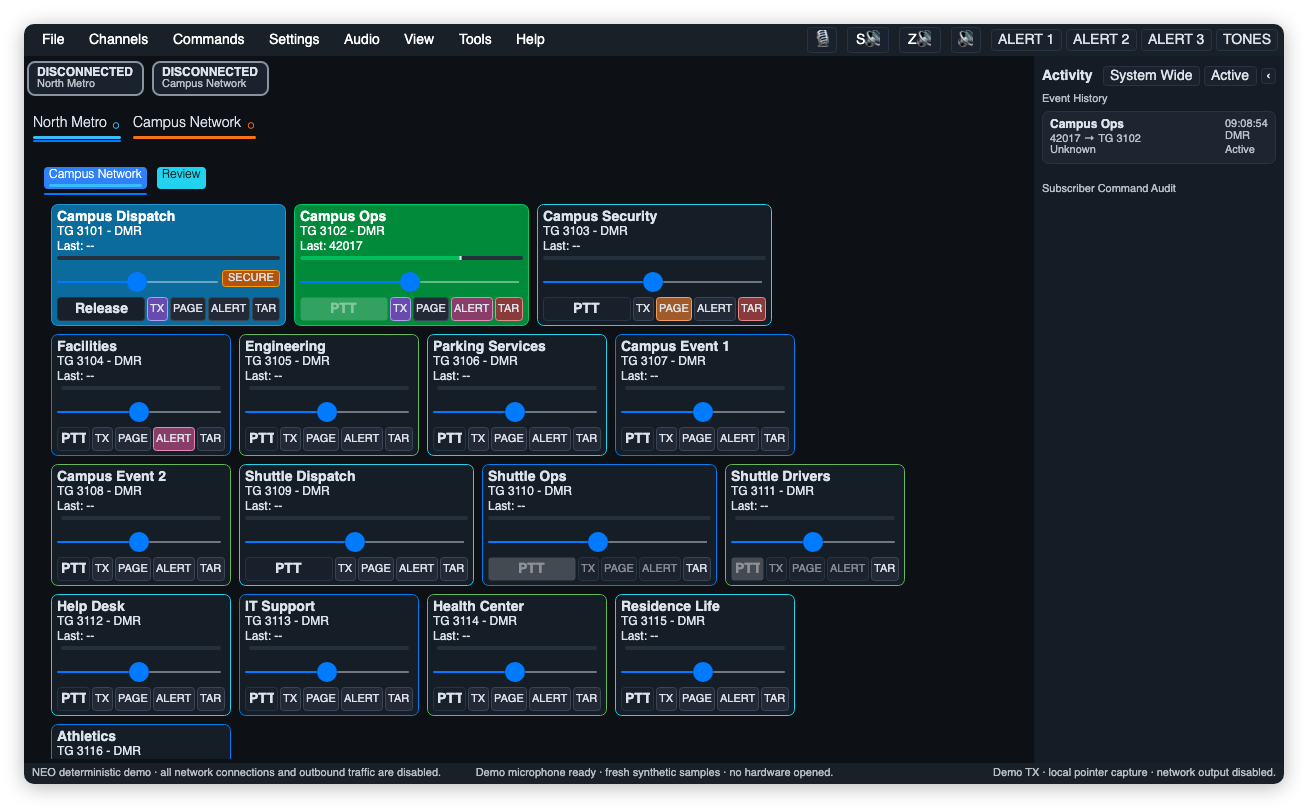 DVMConsole NEO showing a public demo configuration with independent channel controls and the Activity sidebar