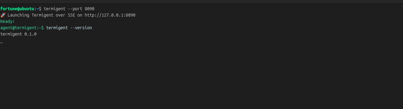 Termigent terminal showing the green prompt, white command, and light-gray output