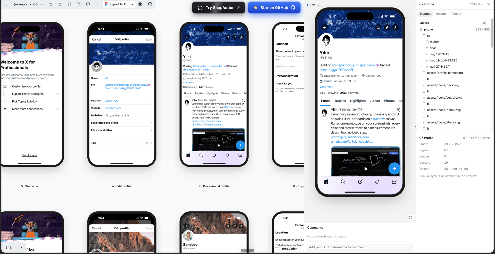 The super-prototyping canvas: an X iOS clone on the board grid, with 07-profile.html open in the inspector