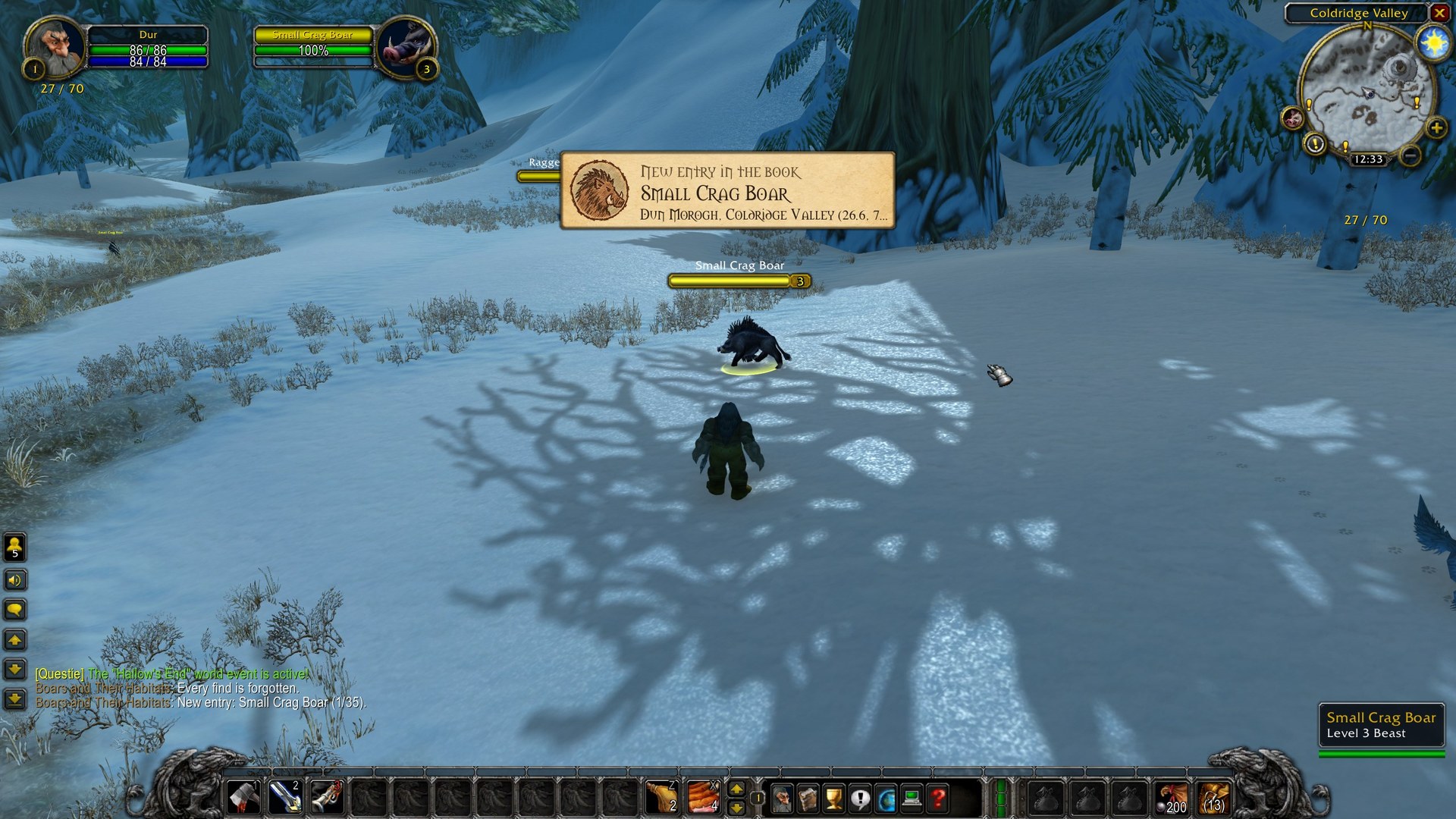 A Small Crag Boar targeted in Dun Morogh, with the "New entry in the book" achievement above it