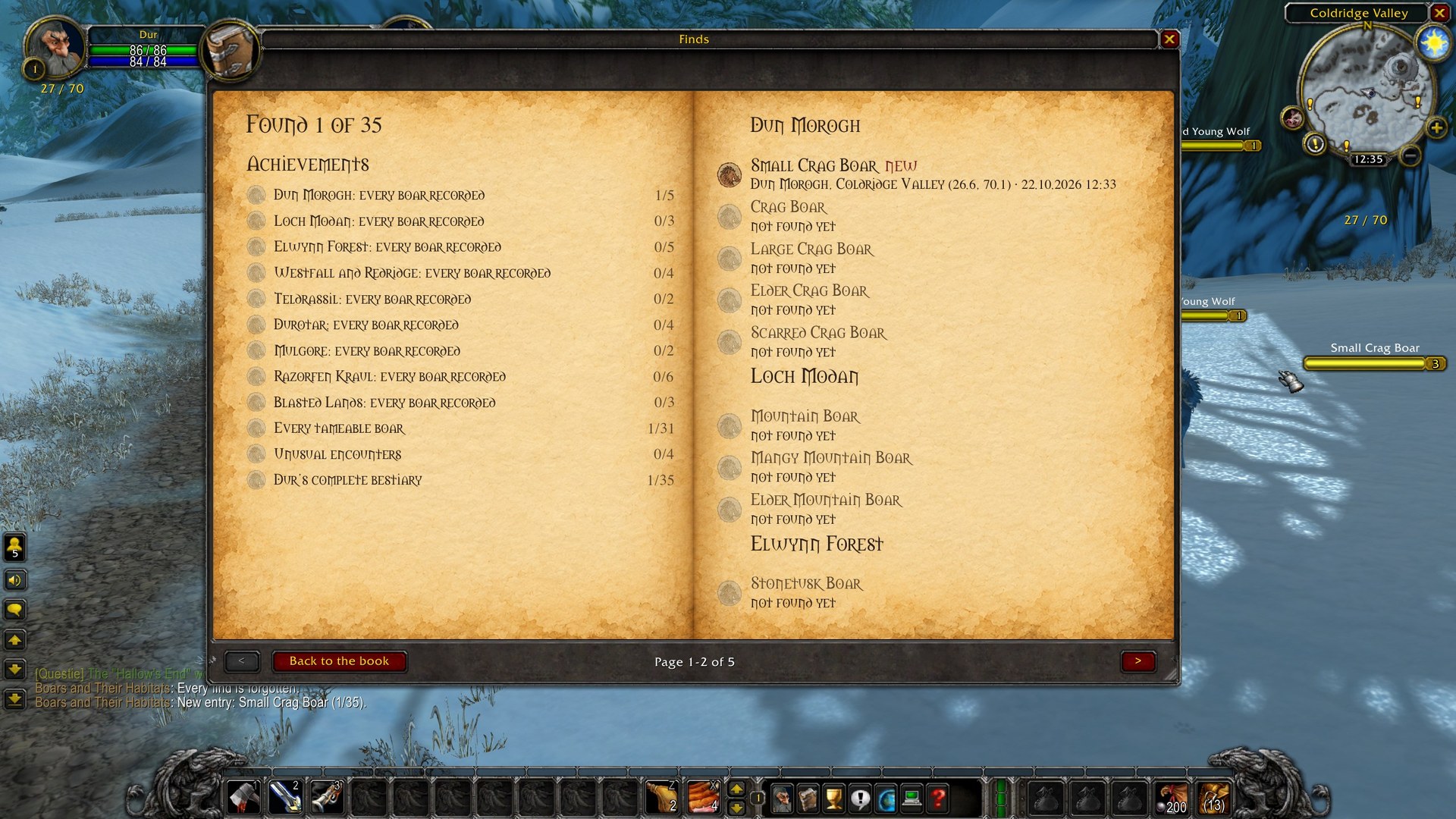 The Finds pages: progress and achievements on the left, boars by region on the right