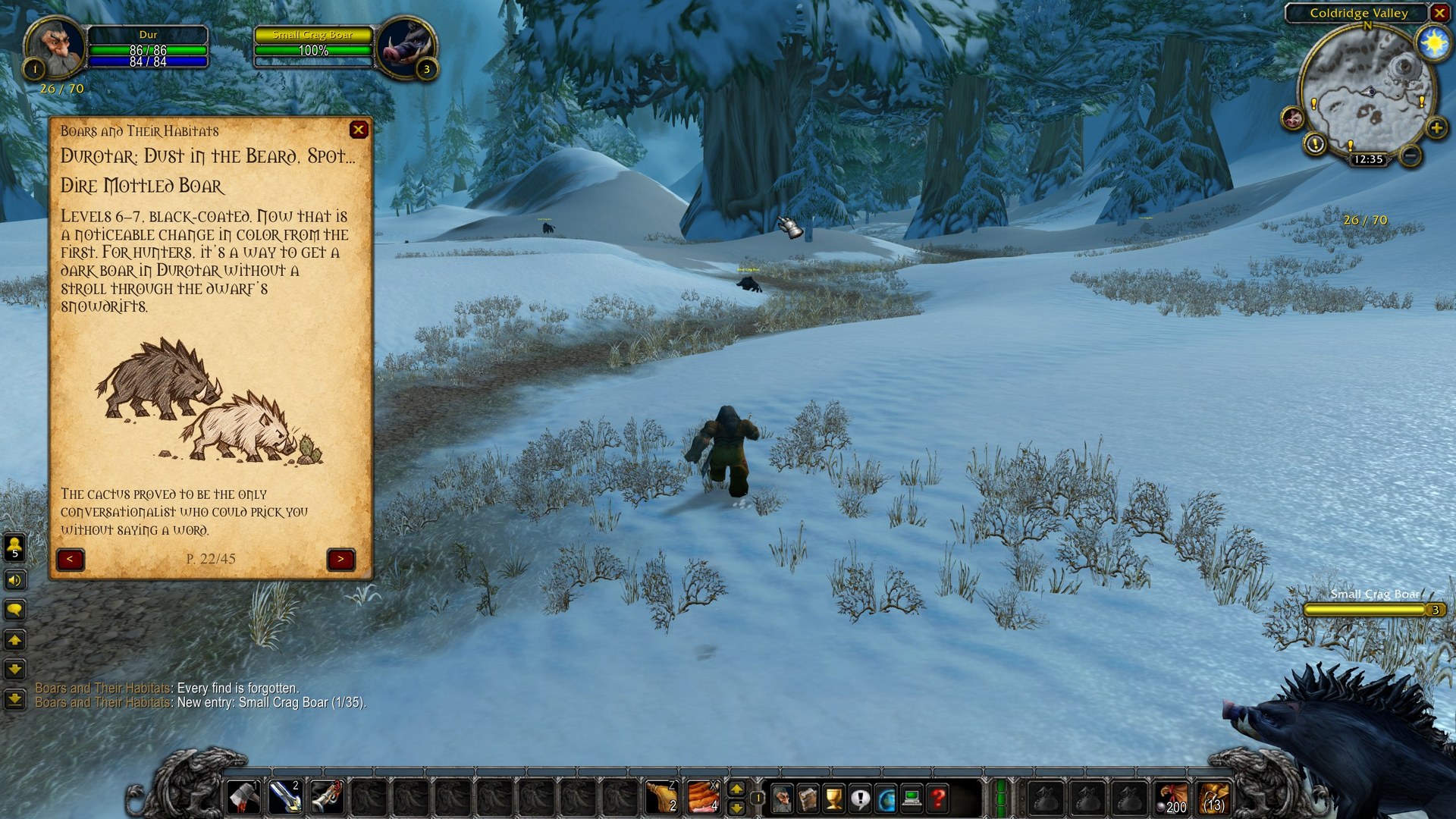 A page window about Durotar's boars beside the game world