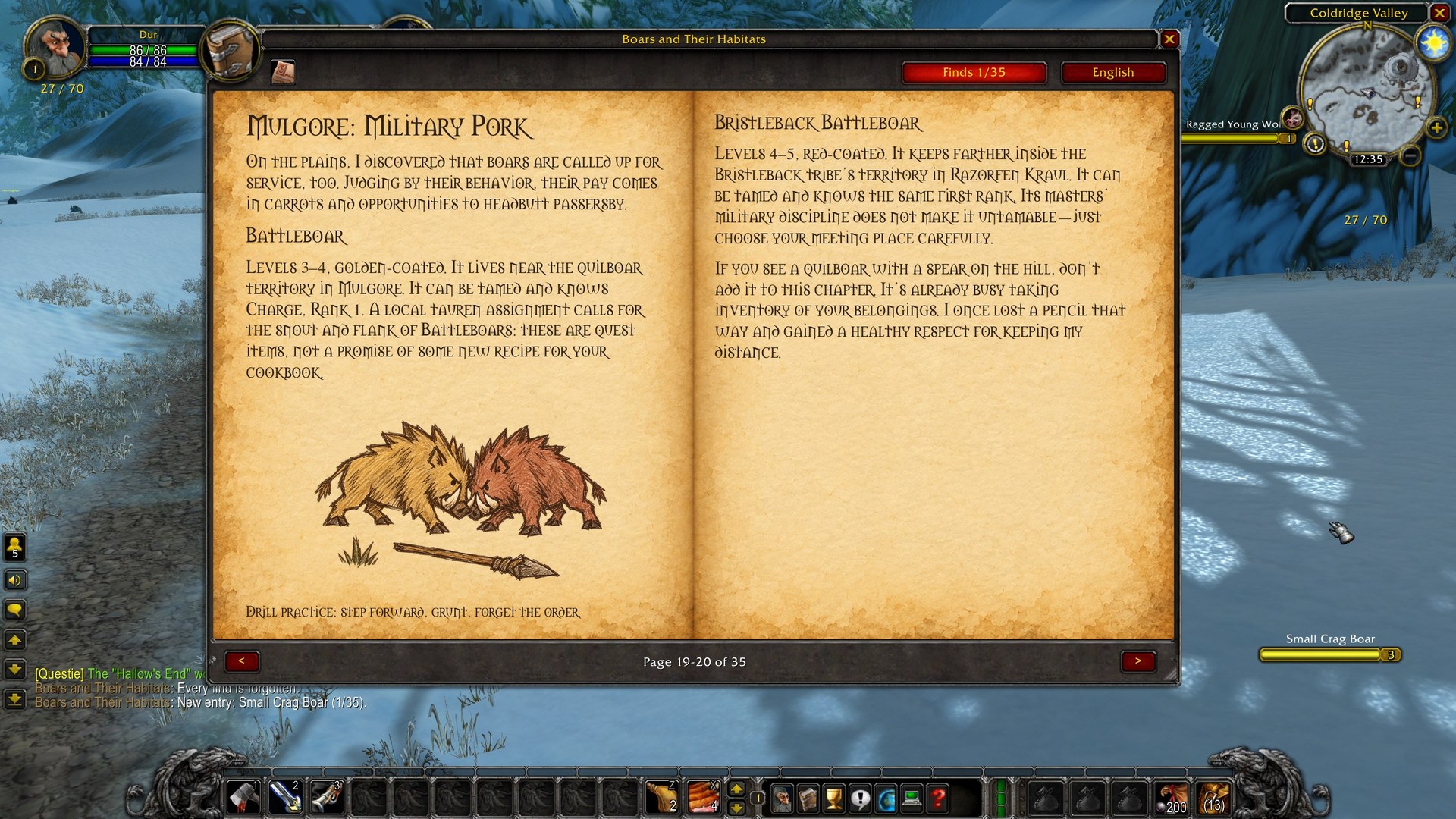 The book open on a two-page spread: a chapter about Mulgore with Dur's sketch of two battleboars