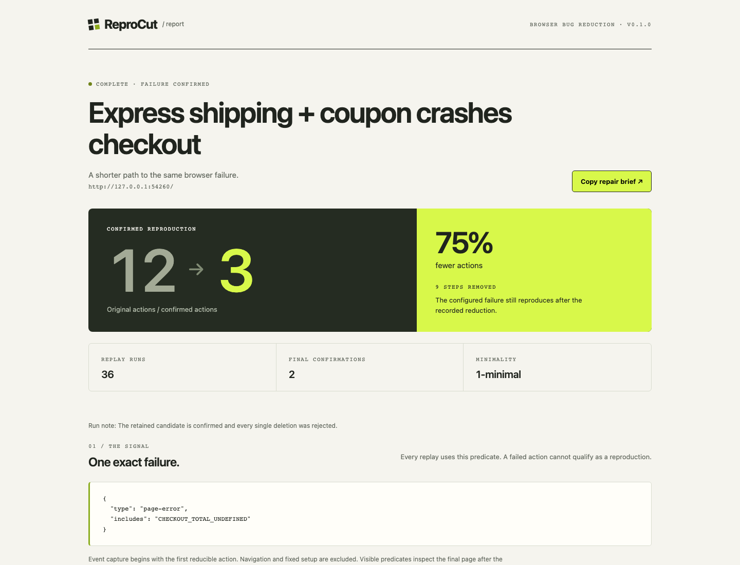 Actual ReproCut browser report showing a reduced journey and replay evidence