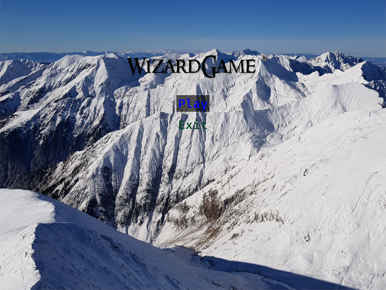 The screenshot includes a picture of snow-covered mountains, the text "Wizard Game", and two buttons under it: "Play" and "Exit". Play is selected.