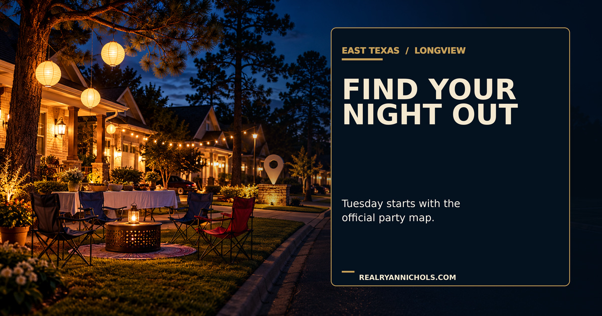 A Longview neighborhood block gathering at twilight with porch lights, empty folding chairs, and a clearly marked map pin