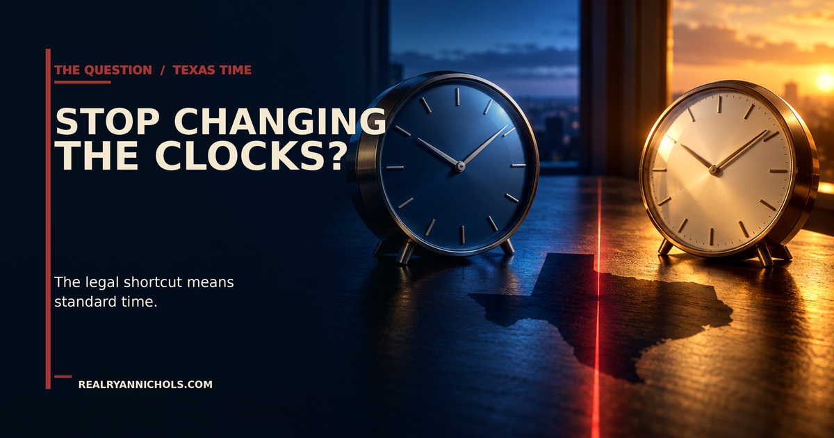 Two clocks over a Texas-shaped shadow, one marked daylight and one marked standard, with a clear split of sunrise light