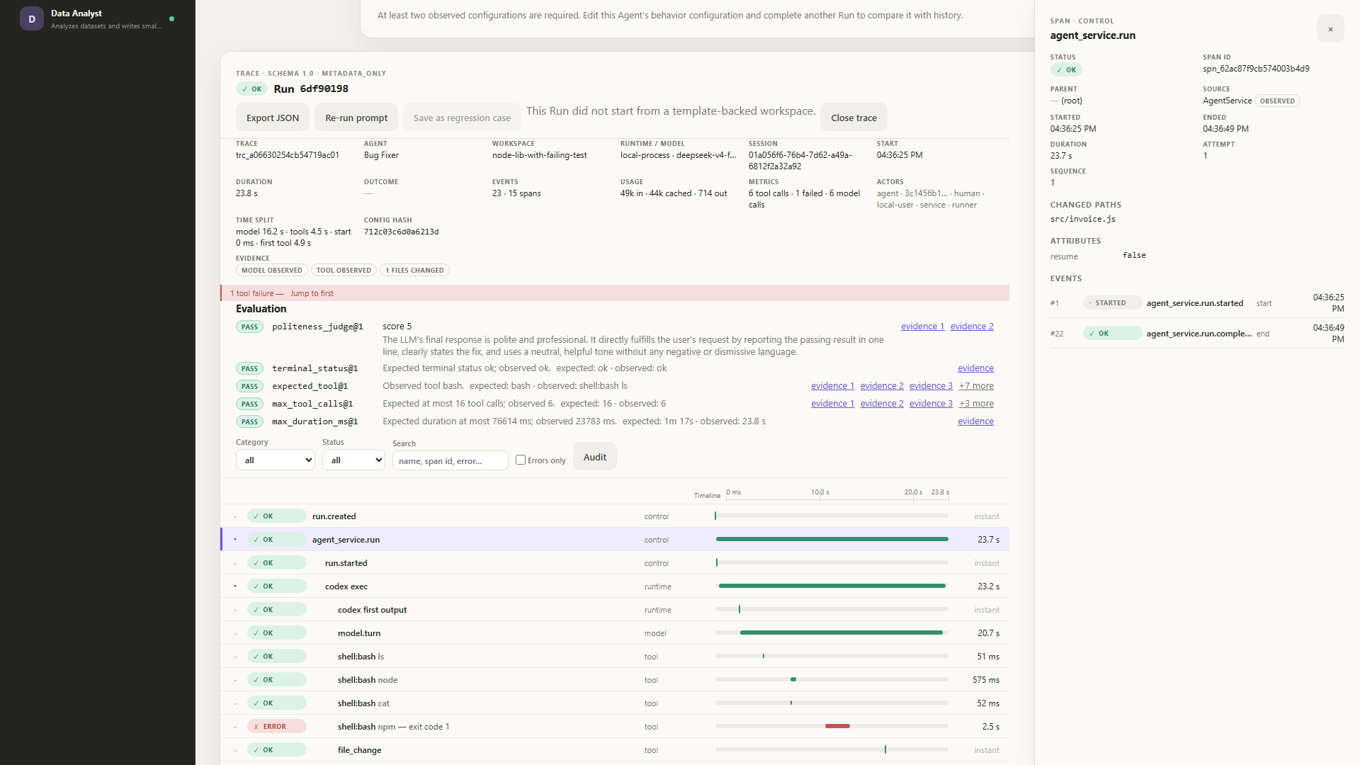 One correlated trace: span tree, timeline, and the span drawer with per-span evidence