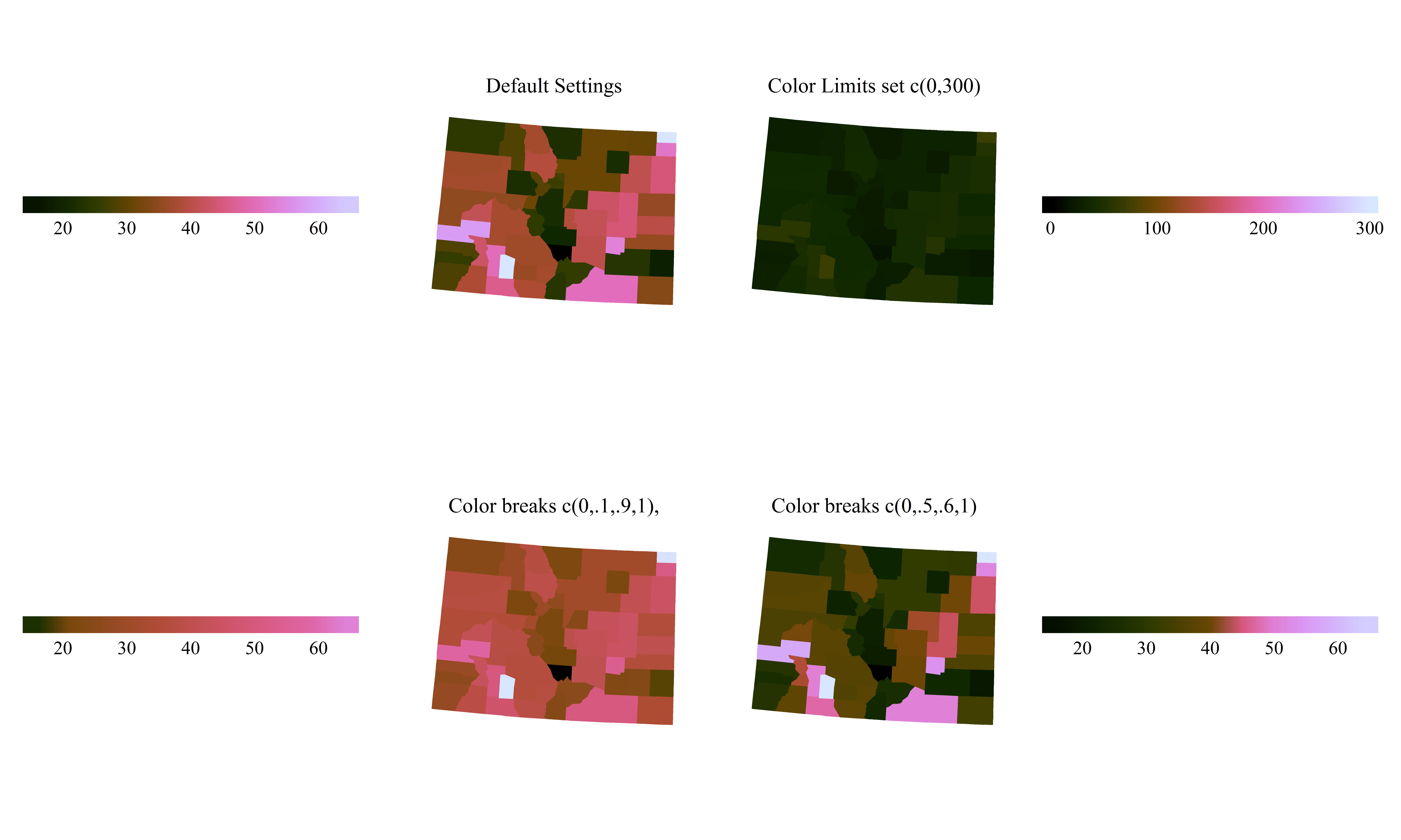 Changing how the colors are stretched across the data: (i) Evenly from the minimum to the maximum (top left), (ii) Artificially extending the range of the colors to 0-300, which is larger than the range of the data (top right), and (iii) Changing whether light or dark colors occupy more of the range of the data by shifting how the same colors are applied to the dataas in top left, or in a way where more dark or light colors cover the majority of the range (bottom)
