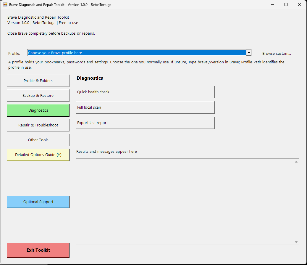 Brave browser toolkit interface