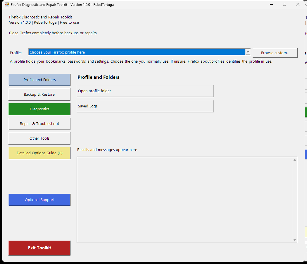 Firefox repair toolkit interface