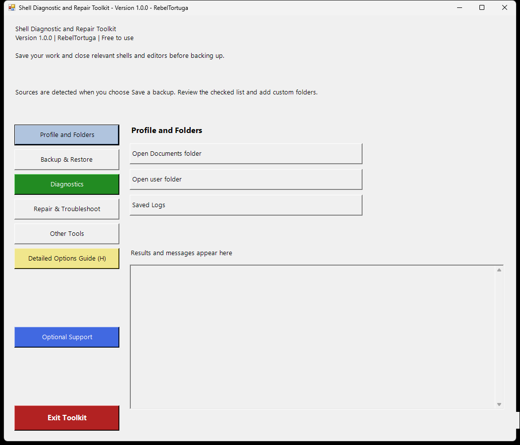 Windows shell diagnostic toolkit interface
