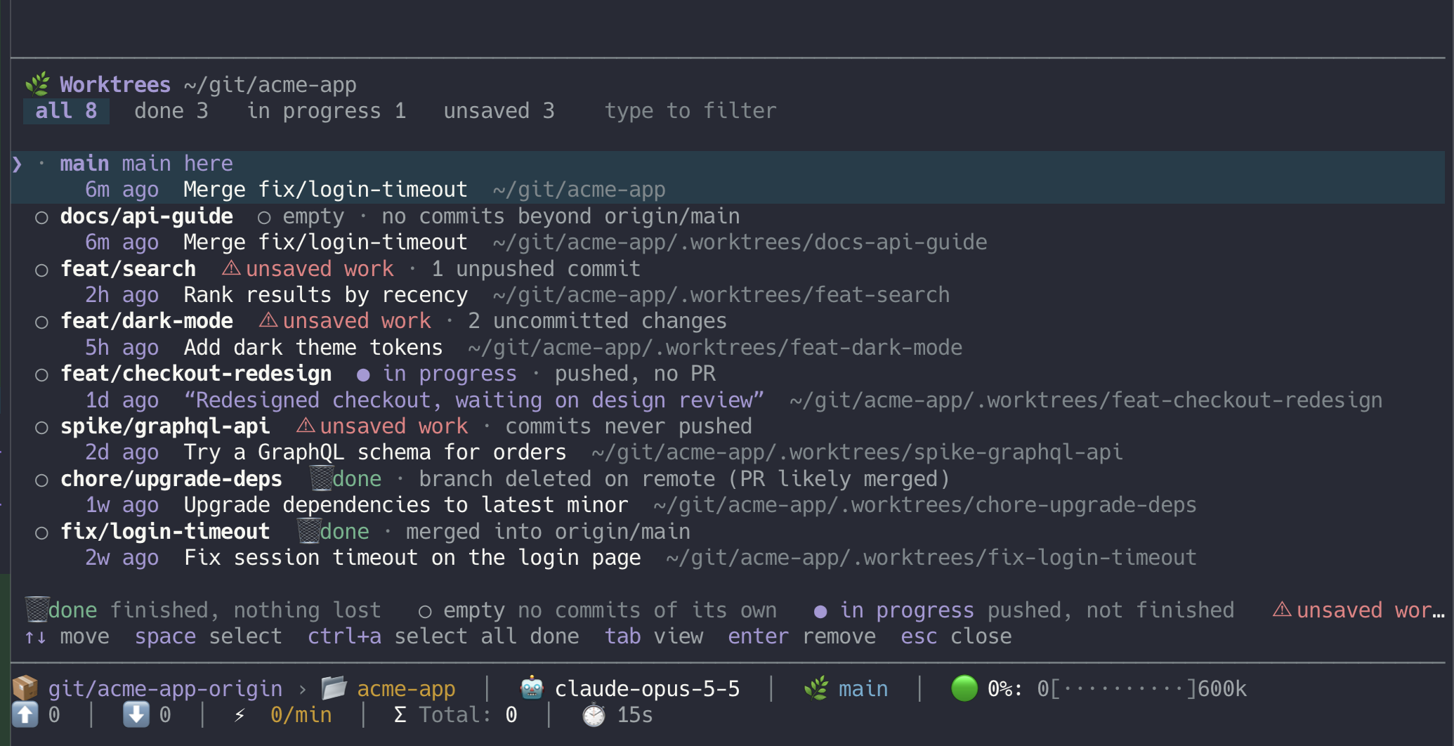 /worktree list in the terminal