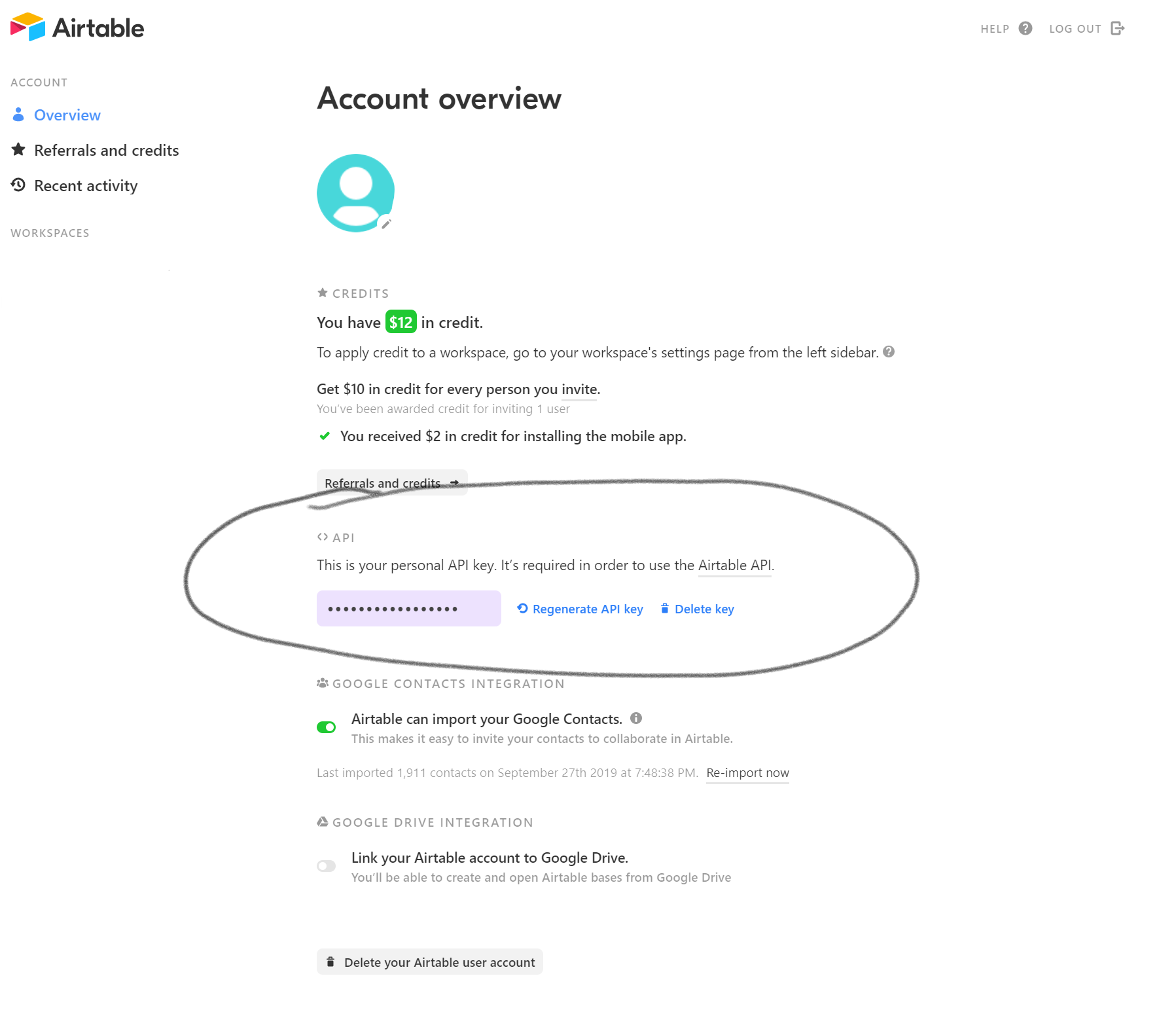 Airtable API key in account settings