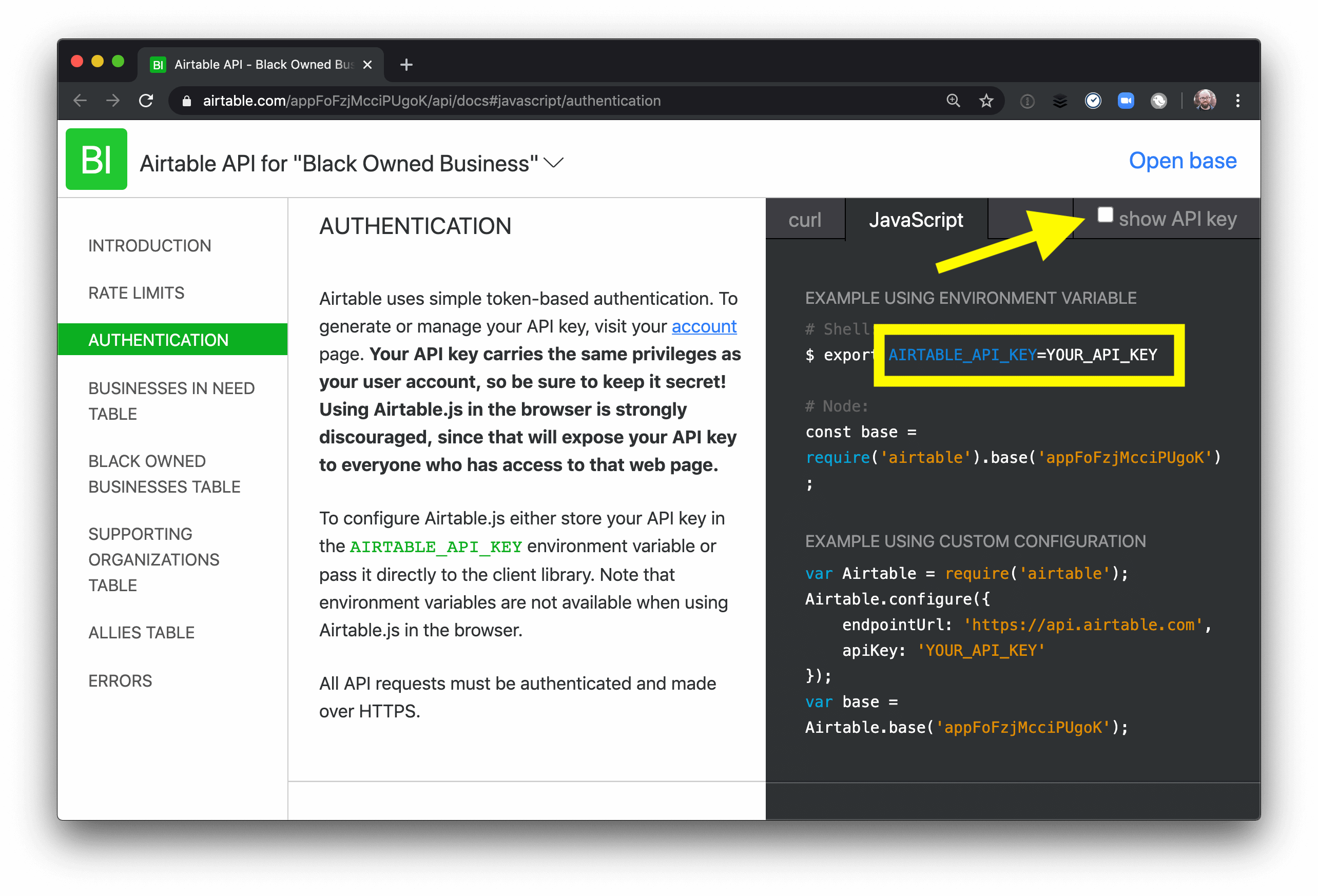Airtable API key in the docs