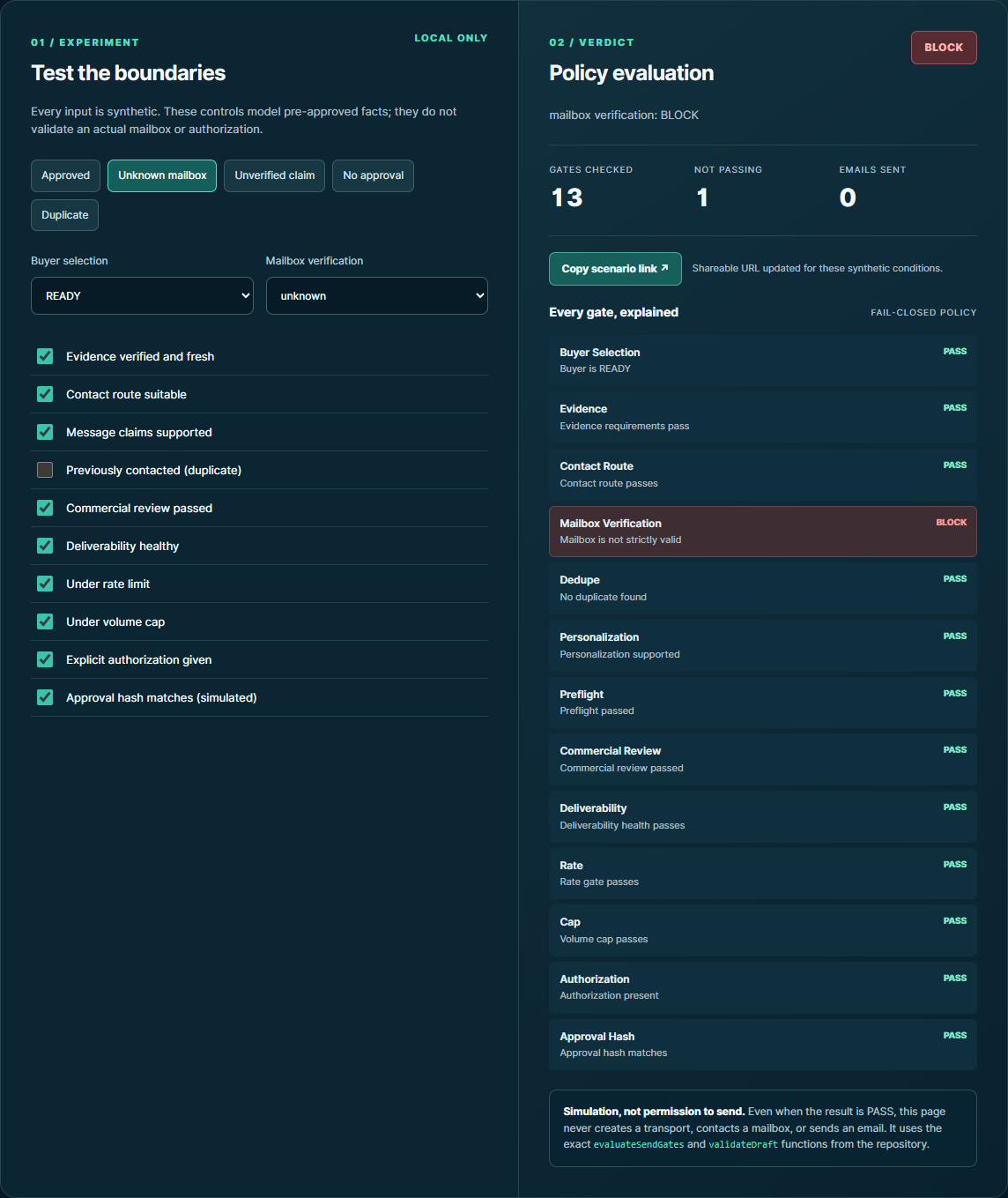 Outbound OS interactive policy simulator: unknown mailbox results in BLOCK and zero emails sent