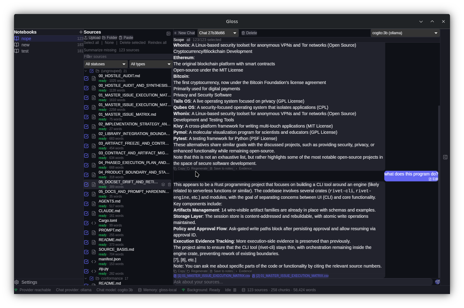 Gloss desktop interface showing notebooks, selected sources, chat, citations, and runtime status