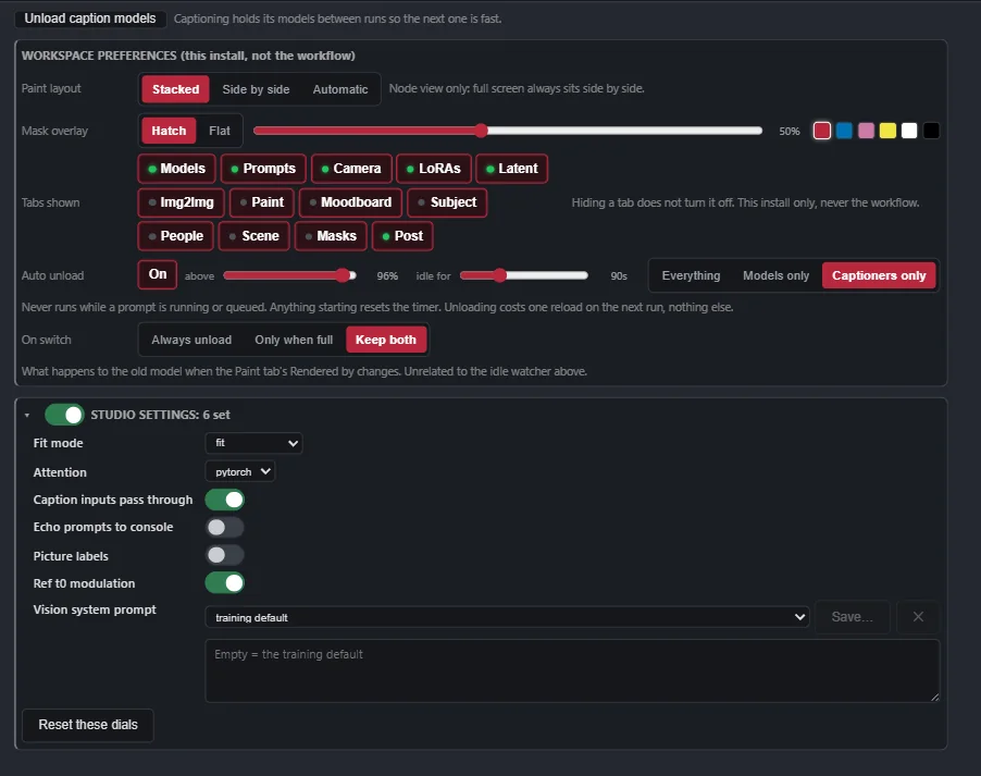 The Advanced tab: workspace preferences and the studio settings
