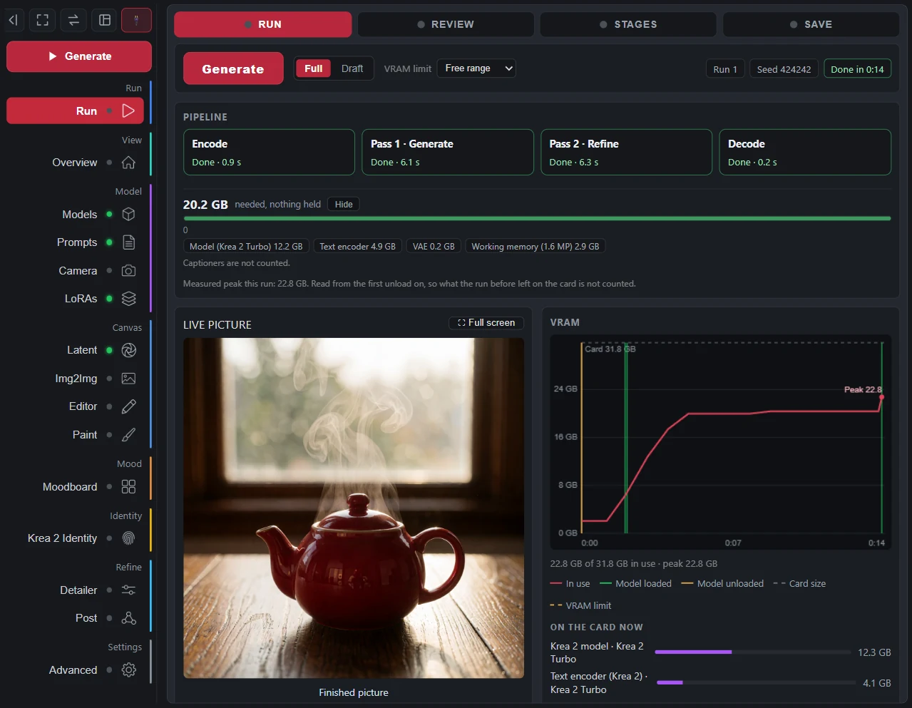 The Run page: every stage timed, the live picture and the VRAM chart