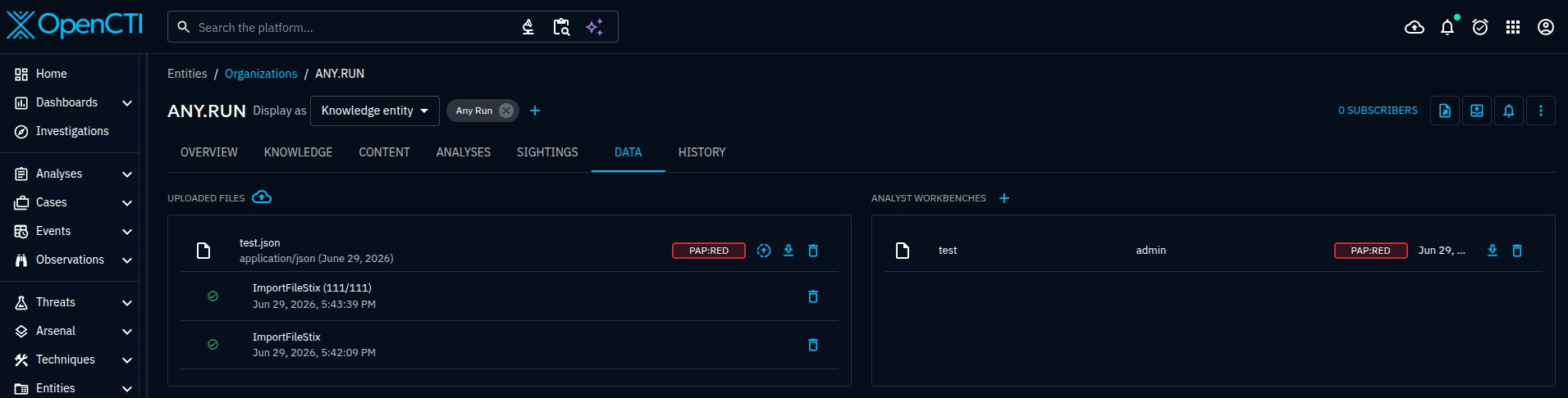 导入到 OpenCTI 的 AnyStix 收集的 IoC —— ANY.RUN 组织包含完整的 STIX bundle(111 个指标)