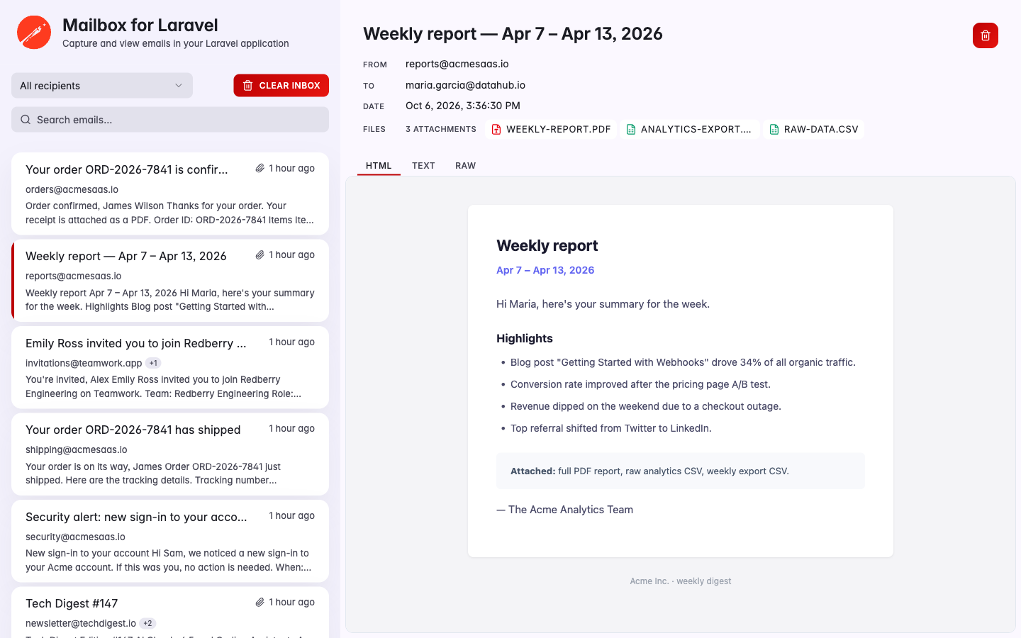 Mailbox for Laravel dashboard: the captured inbox on the left and a weekly report email with three attachments open on the right