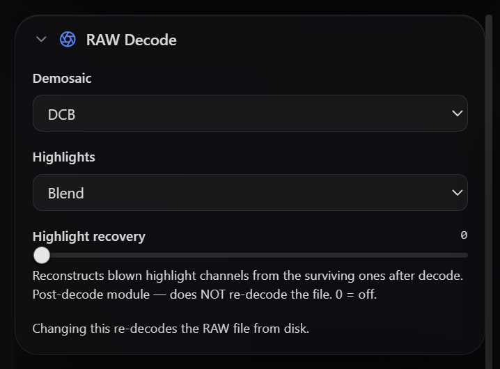 RAW Decode panel