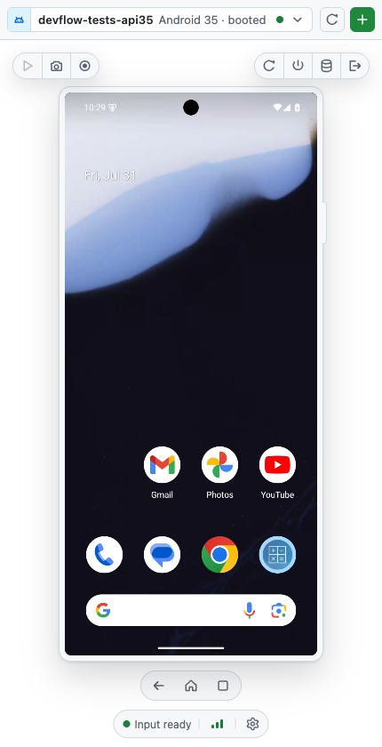 The Mobile Canvas panel showing a live Android emulator