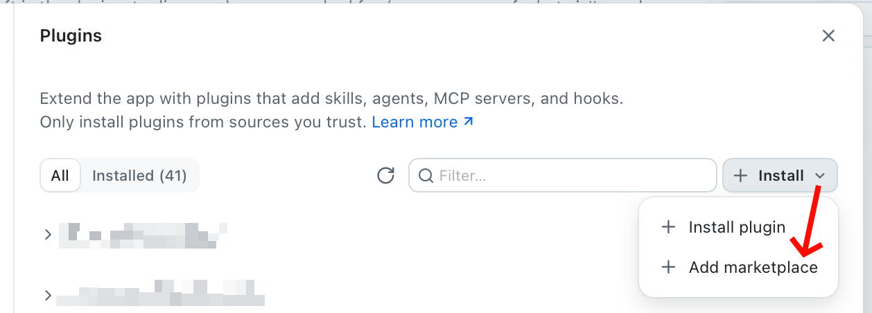 The Plugins dialog with the Install menu open and Add marketplace highlighted