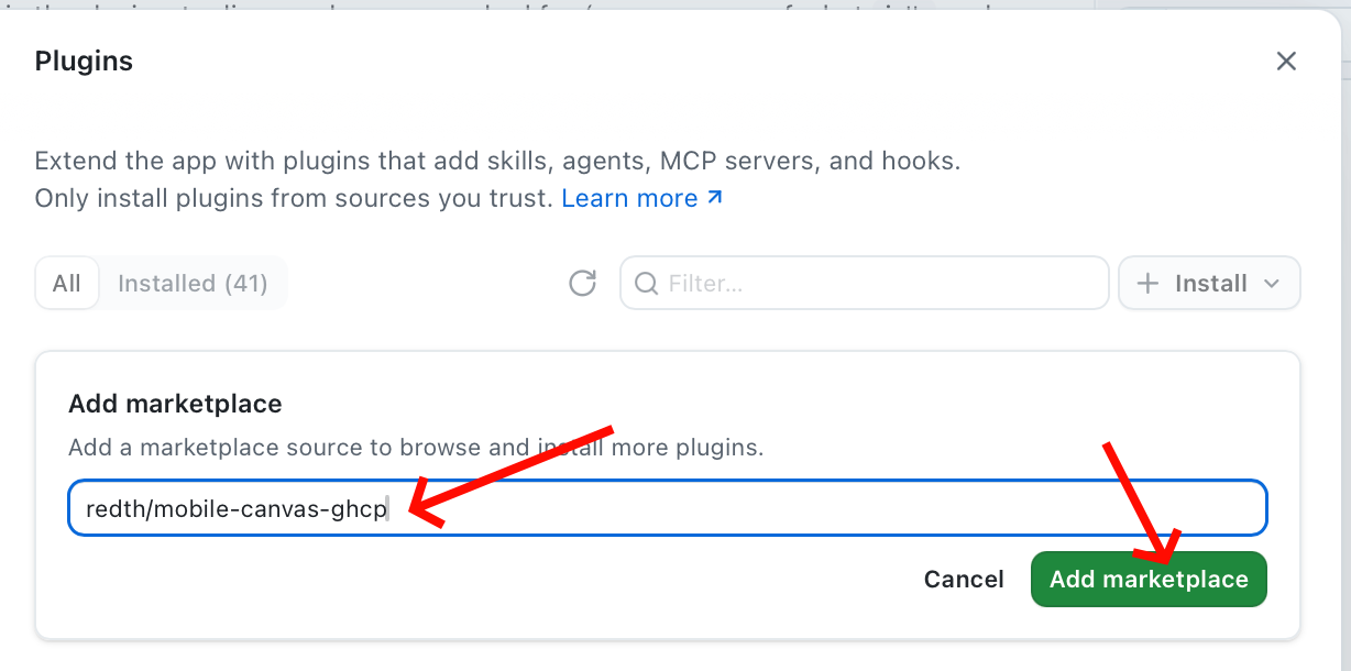The Add marketplace field filled in with Redth/mobile-canvas-ghcp