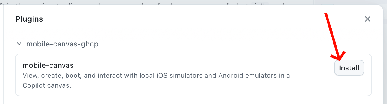 The mobile-canvas plugin listed under the mobile-canvas-ghcp marketplace with an Install button