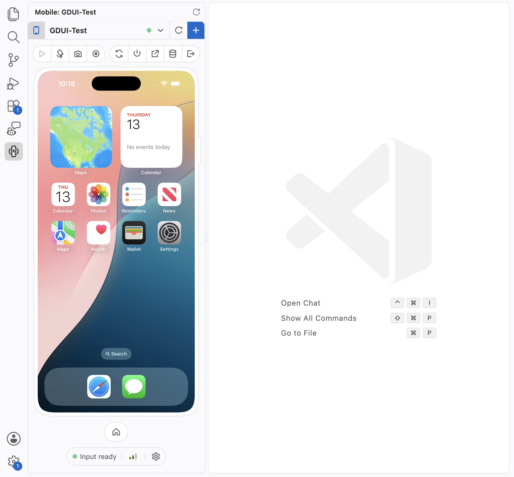 Mobile Canvas running in the VS Code Activity Bar with a live iOS Simulator