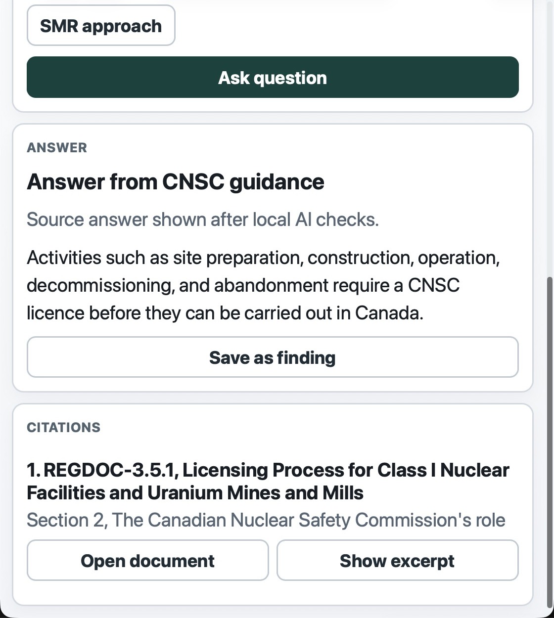 NuclearWorkflowAI Ask page showing a cited answer from public CNSC guidance