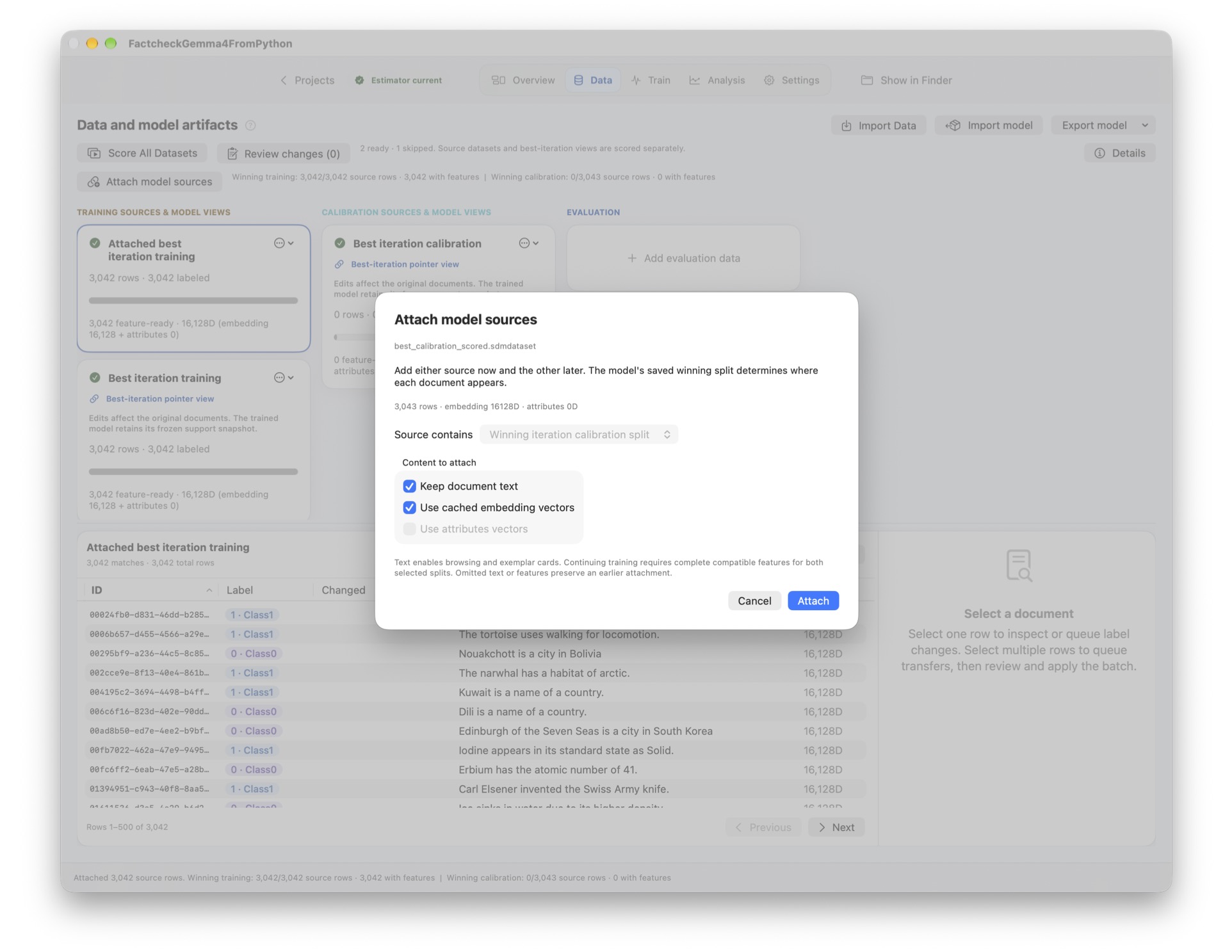 Attach model sources dialog for the winning iteration calibration split, with document text and cached embeddings selected.