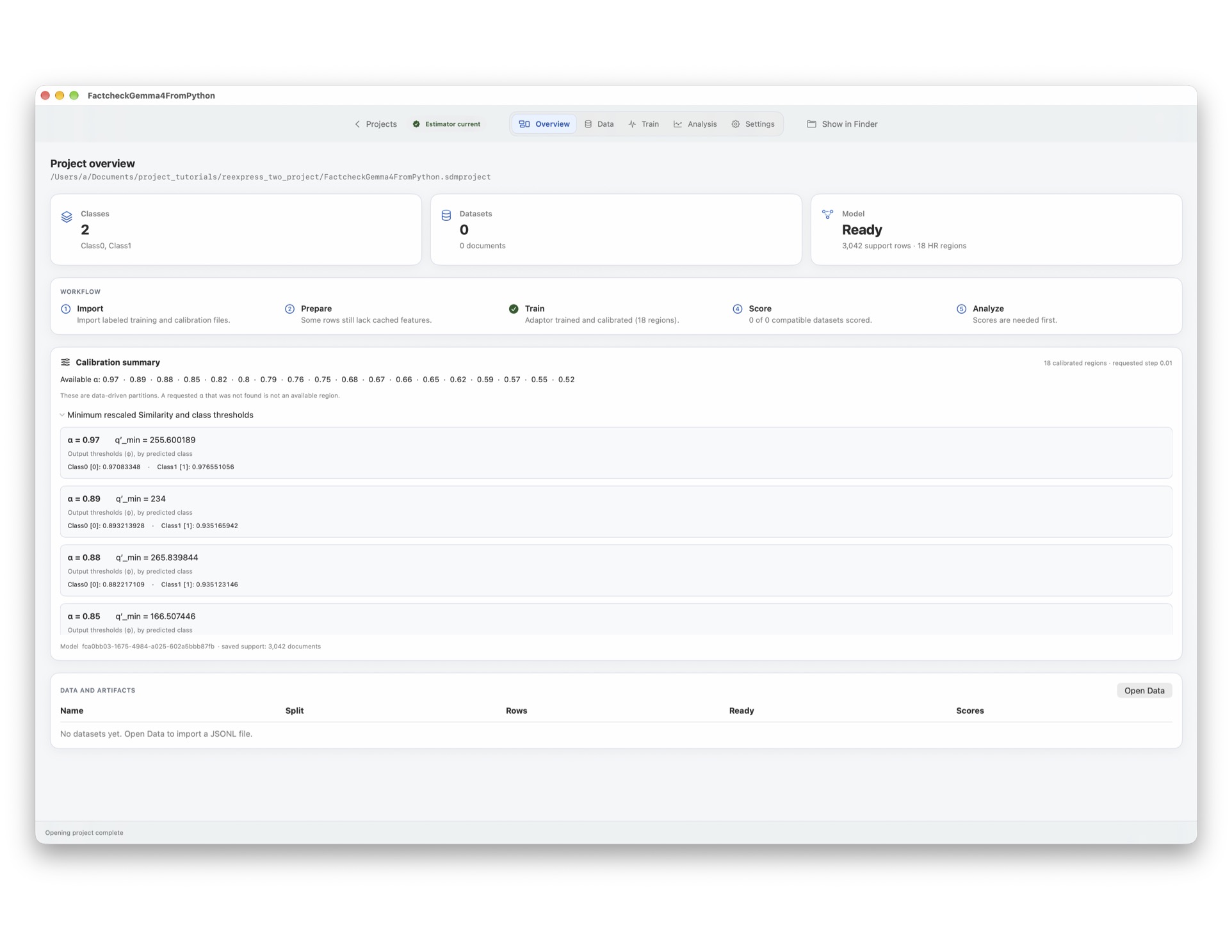 Reexpress two Overview showing an imported model with 18 calibrated regions and no datasets attached.