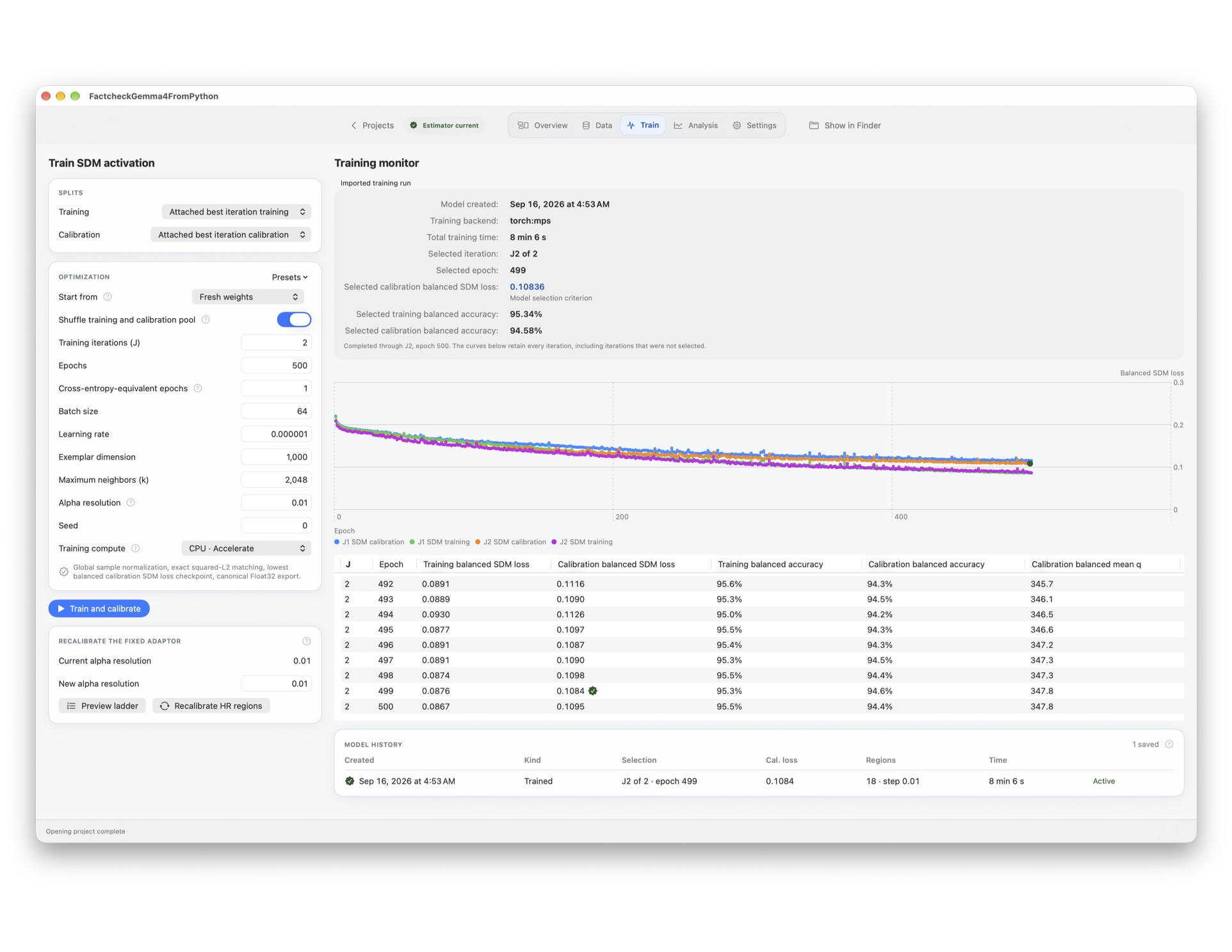 Reexpress two Train tab showing the imported Python training run, selected iteration and epoch, loss curves, and training metrics.